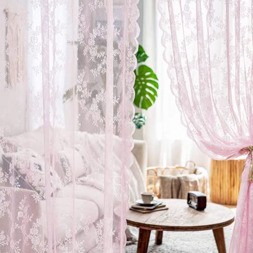 MIULEE 2 Panels Curtains Sheer Lace Curtain Panel Lace Embroidered Sheer Flora Design Grommet Window Voile Panels Drape Treatment Home for Bedroom Living Room 150 x 245 cm 59" W x 96" L Pink - Image 3