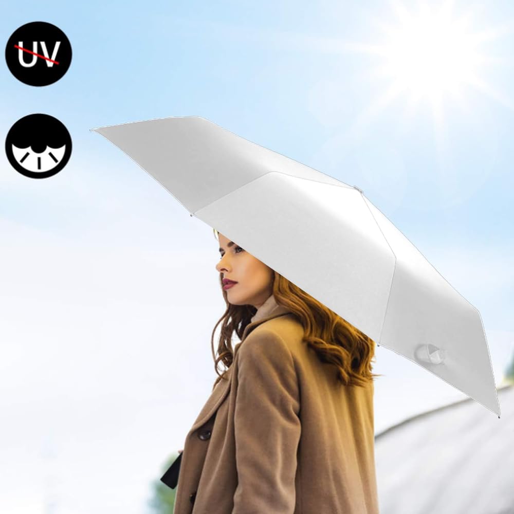 Kompaktowy parasol, 6-żebrowy parasol kieszonkowy, ochrona przed słońcem, do użytku na zewnątrz, ochrona przed promieniowaniem UV, składany parasol na słońce i deszcz (biały), biały