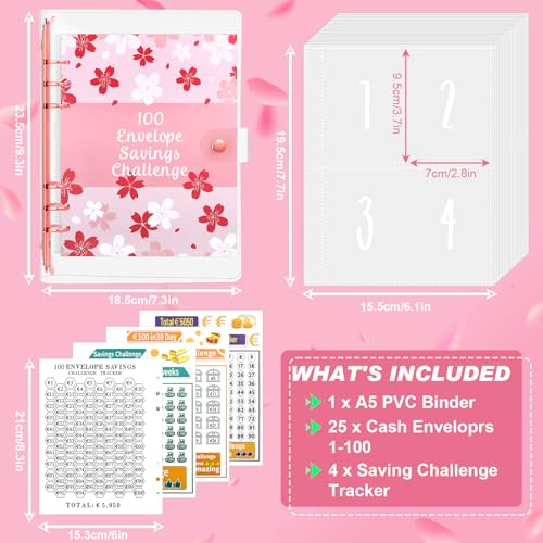 100 Envelope Saving Challenge, Sparchallenge Budgetplaner A5 Ringbuch mit Challenge Tracker & Pre-numbered Geldfächer, Budget Binder für Geld Sparen Challenge