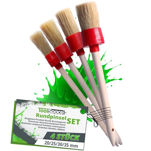 ToolSpace Lot de 4 Pinceau Rond 20/25/30/35 mm Pinceaux avec Poil Naturel pour Peinture Rechampir - Brosse pour Meubles Cire Lasure - avec Manche pour Nettoyage Voiture Retouches - Précise Angle