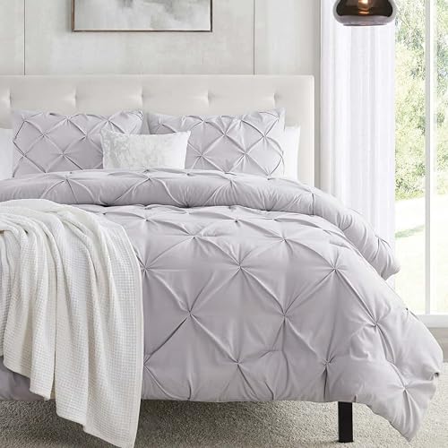 Image of Nestl Grey Lavender Duvet Cover King Size - Soft Double Brushed Duvet Set with Button Closure & Corner Ties, 3 Piece Luxurious Pinch Pleated Duvet Cover Set 104x90 Inches with 2 Pillow Shams