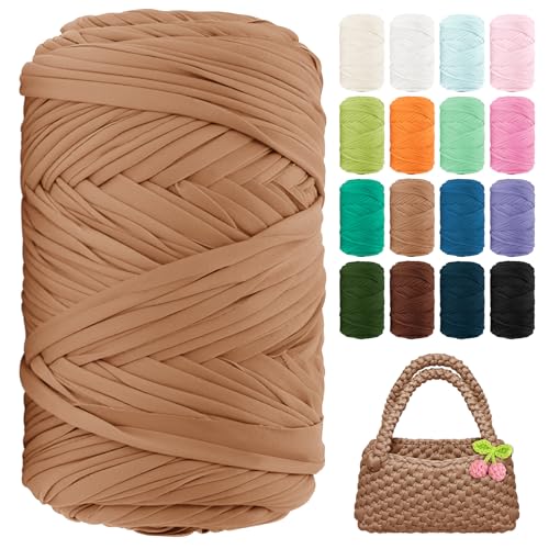 Image of T Shirt Yarn 130 Yards Beginner Crochet Tshirt Yarn 400g Elastic Fabric Thick T-Shirt Yarns for Crocheting, Knitting Bags, Baskets, Rugs, Coasters, DIY Crafts, Home Decor (Khaki)
