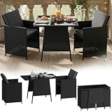 STEELSØN Xenara Essgruppe 3 teilig Schwarz/Anthrazit – Balkonmöbel Set platzsparend – Outdoor Rattan Sitzgruppe – klappbare Stühle mit Sitzkissen – Tisch mit Glasplatte – Gartengarnitur für 2 Personen