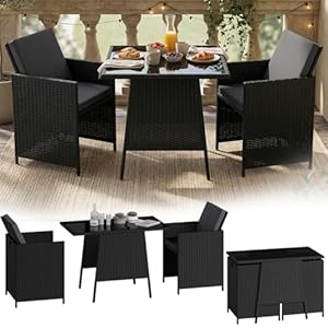 STEELSØN Xenara Essgruppe 3-teilig Schwarz/Anthrazit – Balkonmöbel Set platzsparend – Outdoor Rattan Sitzgruppe – klappbare Stühle mit Sitzkissen – Tisch mit Glasplatte – Gartengarnitur für 2 Personen