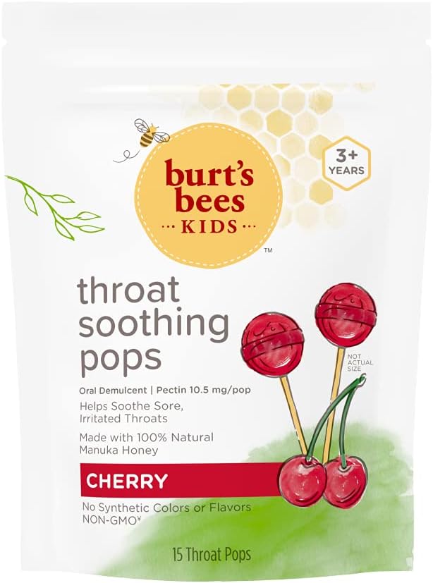 Burt's Bees Kids Throat Soothing Pops with Natural Manuka Honey, Cherry Flavor, 15 Count