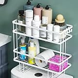 Estante de almacenamiento de 2 niveles sobre el inodoro, de metal negro, con ganchos y adhesivo que no deja rastro, ahorra espacio sobre el estante del inodoro para un almacenamiento y nización