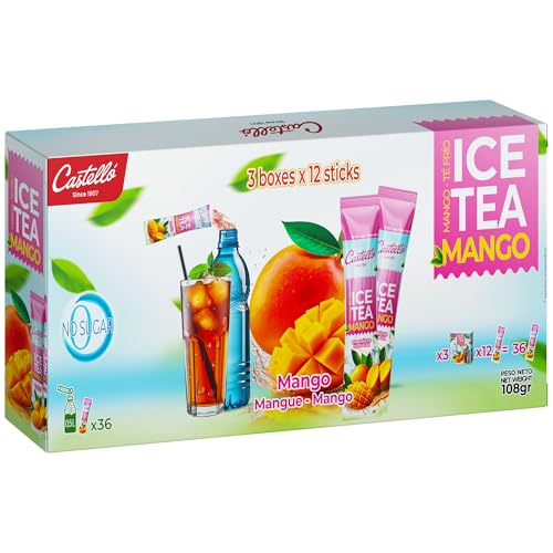 Castello since 1907 Té Frío (Ice Tea - Iced Tea) Zero & Instantáneo | Mango | 3 x 12 sobres | 1 sobre = 500 ml de Té | 0 Calorías | 0 Azúcar | 0 Aspartamo