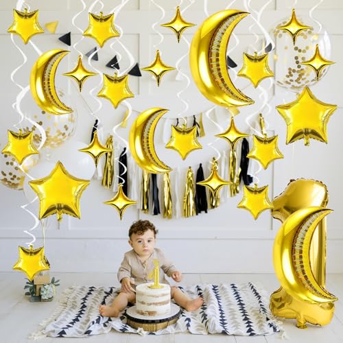 Image of Star and Moon Balloons New Years Balloons 36 Inch Metallic Gold Moon Foil Balloon 18 10 In Gold Star Shaped Balloon for Happy New Year Eve Ramadan Eid Baby Shower Wedding Birthday Party Decor