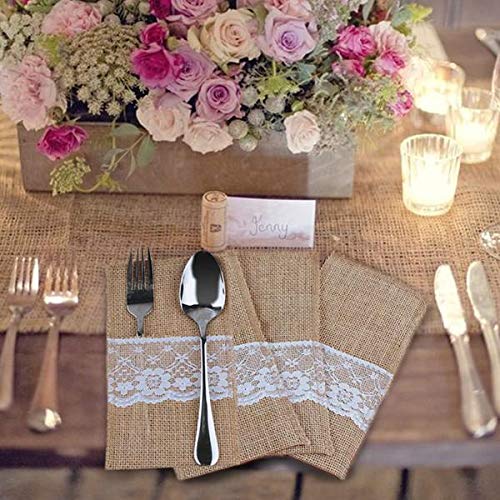 10 pcs 4x8-Inch Natural Burlap with Lace Silverware Napkin Holders - Wedding Party Favors Jewelry Pouches