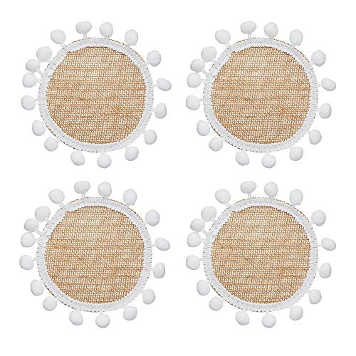 KitchenCraft Natural Elements Hessian Drink Coasters Set, 4 Pack of Woven Jute Mats with Pom Pom Decorations, 15cm