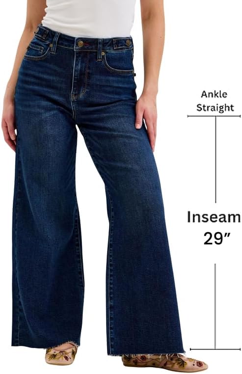 Judy Blue High Waist Dark Wash Retro Wide Leg Jeans – Adjustable Waist Tabs & Raw Hem, Petite 29” Inseam