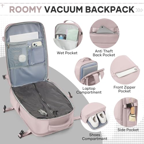 Image of Vacuum Travel Backpack with Pump for Women Men, Carry on Air Backpack for Flight Approved, Personal Item Luggage Backpacks Tiktok Backpacks - Purple