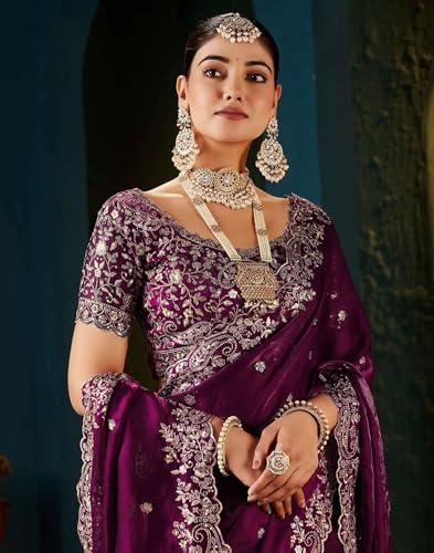 Image of Sidhidata Women's Soft Fandy Satin Embroidered Saree With Multi Sequence Cut Work Boarder & Comes With Unstitched Blouse Piece (Jimmy Free Size)