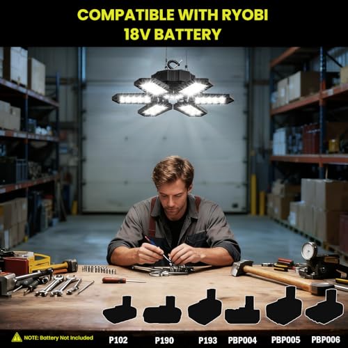 Image of LED Work Light Compatible with Ryobi 18V Battery - 68W 6800LM Garage Flood Light 6+1 Deformable Panels Pendant Ceiling Light, Emergency Camping Light for Shed, Workshop, Job Site
