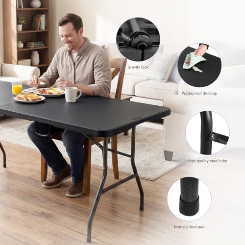 Image of Byliable Folding Table 6ft, Heavy Duty Portable Plastic Fold-in-Half Utility Table with Carrying Handle for Indoor Outdoor, Camping Picnic Party, Black
