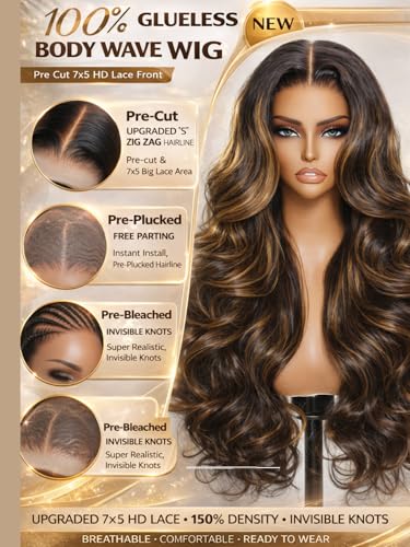 Image of Sunber Highlight Brown Body Wave Balayage 7x5 HD Lace Front Human Hair Wig | Ombre Glueless Wigs Human Hair Pre Cut Elastic Drawstring 150% Density Ready To Go Pre Plucked Bleached Invisible Knots 16 inch