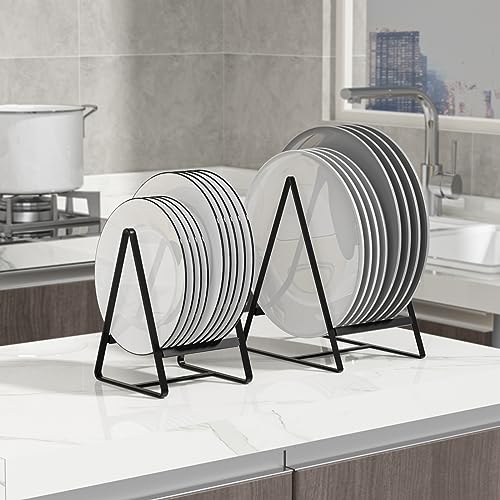 Hikinlichi 2 Pack Triangle Plate Holders Organizers Upright Cabinet Dish Drying Racks Metal Plate Dish Organizers Racks Stands for Countertop and Cupboard Black