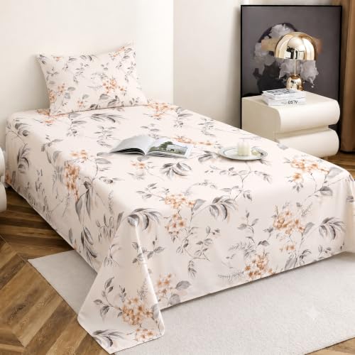 Image of IVAZA 260 TC Soft Ezyption Cotton Floral Single Bed Sheet - Single bedsheet with 1 Pillow Cover Hypoallergenic, Brethable, (Size- 90 x 60 Inch Champagne Peach