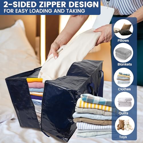 Mozvvco 6er-Pack 92 L Aufbewahrungstasche, Umzugstaschen mit Rucksackgurten, Extra Große Kleideraufbewahrung mit Reißverschlüssen Handgriff, Wasserdichte Umzugshelfer, für Kleidung, Bettdecken - Blau