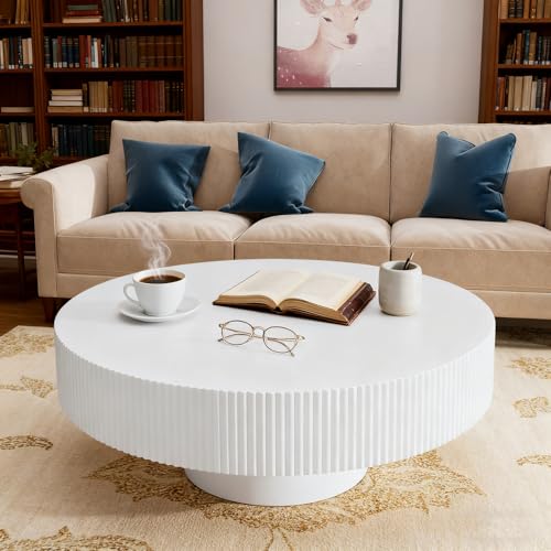 RZTPYS Modern Round Fluted Coffee Table, Mid Century Wood Drum Circle Center Table with Sturdy Pedestal for Living Room, Bedroom, Apartment, Farmhouse Decor, White 30.9