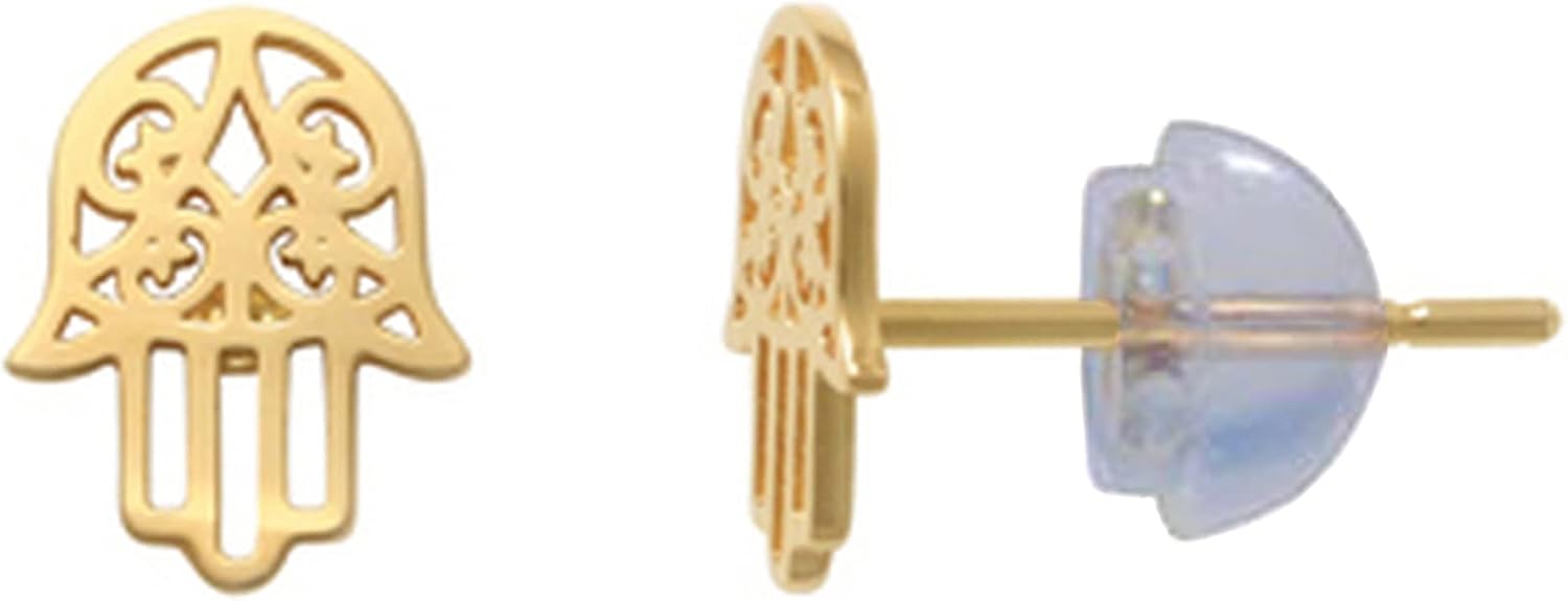 14K Yellow Gold Filigree Hamsa Stud Earrings for Women