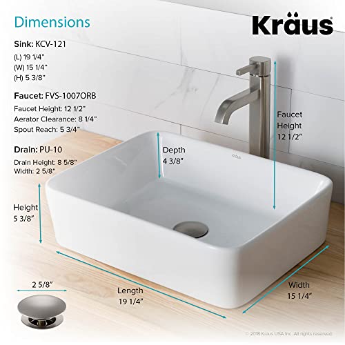 KRAUS 19-inch Modern Rectangular White Porcelain Ceramic Bathroom Vessel Sink and Ramus Faucet Combo Set with Pop-Up Drain, Satin Nickel C-KCV-121-1007SN