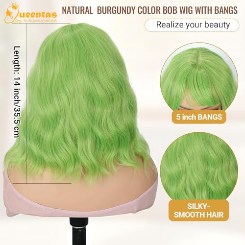 Image of QUEENTAS 14 Inch Short Wavy Green Bob Wig for Women with Bangs Glueless Synthetic Hair Natural Looking for St Patrick's Day Halloween Cosplay