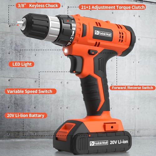 Image of FADAKWALT 20V Electric Power Drill Set, Torque 30N, 21+1 Torque Setting, 3 /8-Inch Keyless Chuck, LED Electric Drill Kit, Orange