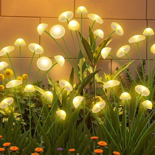 KAQ 4PK 32LED Solar Garden Lights Outdoor Waterproof | Solar Mushroom Lights for Outside Sway by Wind Firefly Fairy Light for Patio Pathway Garden Bush Yard Decorations (Warm White) by KAQ - Used condition - US$24.96