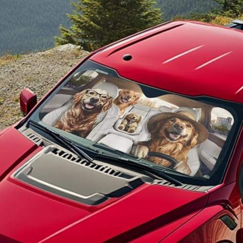 Image of Car Windshield Sunshade - Foldable Funny Golden Retriever Driving Car Windshield Sun Shade for Front Window for Most Sedans SUV Truck - Auto Sun Heat and UV Rays Blocker