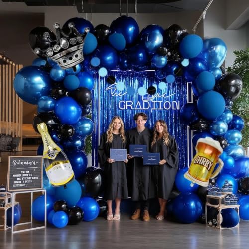 Image of Navy Blue Black Balloon Garland, Double Stuffed Dark Royal Blue Balloon Arch Fringe Curtains, Foil Balloons, Birthday Banner for 2026 Graduation Boy Men Birthday Baby Shower World Cup Party Decoration