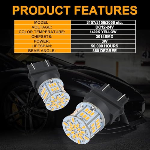 iFunyLED 4PCS 3157 LED Bulb Turn Signal Light 12V-24V Super Bright 3156 3056 3057 3047 4157 LED Replacement Light Kit Set for Car Tail Brake Turn Signal Blinker Lights - Amber Yellow