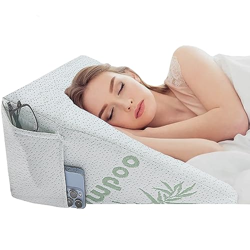 Premium Bamboo Wedge Pillow Memory Foam Orthopedic Back & Neck Support Cushion Cooling Breathable Zip Cover Bed Rest Reading Pillow with Side Pocket for Sleep Acid Reflux GERD Snoring Relief