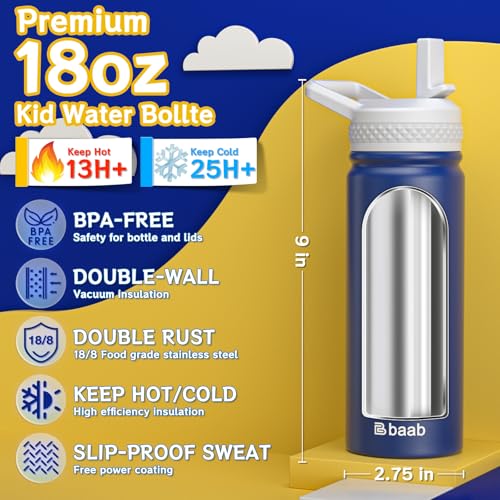 baab 18oz kids Water Bottle, Insulated Water Bottle with Straw & Stickers, 18/8 Stainless Steel Vacuum Leakproof kids Water Straw Cup for School, Gift for Boy Girl (Navy Blue+Light Blue, 2 Pack)