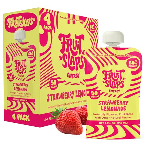 Fruit Slaps Caffeinated Fruit Blend – Strawberry Lemonade, Natural Caffeine, Real Fruit, Prebiotic Fiber – Energy Boost for Focus & Gut Health – Resealable On-the-Go Pouch, 65mg Caffeine, 4oz, 4 Count