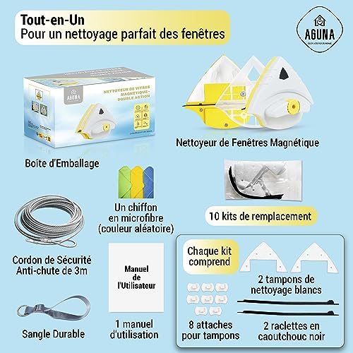 Fensterreiniger und -waschmaschine, magnetisch, doppelte Dreifachverglasung, 5 – 32 mm, verstellbare Kraft, 5 Stufen, Sicherheitskabel, Fallschutz, Profi-Schaber, ideal für Buchten, Türen, Fenster,