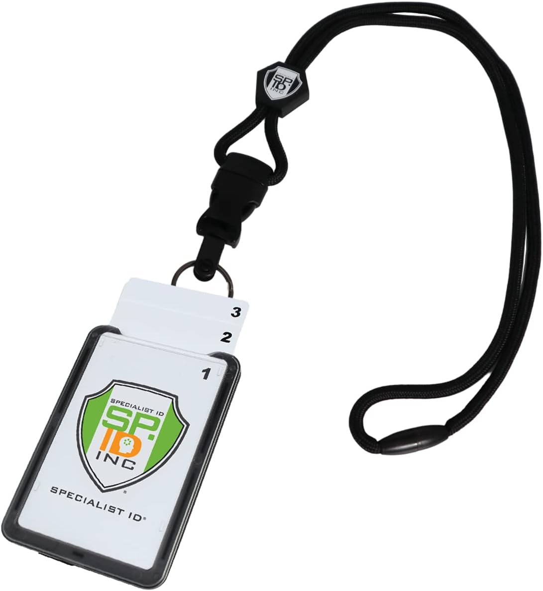 Vertical Top Load Three Card Badge Holder - Hard Plastic with Heavy Duty Breakaway Lanyard w Quick Release Metal Clip & Key Ring (One Holder / 3 Cards Inside) (Black)