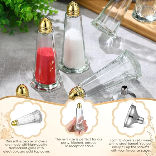 FoldTier 30 Pcs Tower Salt and Pepper Shakers 1 oz Spice Shakers with Gold Top Refillable Glass Dispenser for Spice Salt Pepper Seasoning Gourmet Food Restaurant Supplies with 2 Stainless Steel Funnel