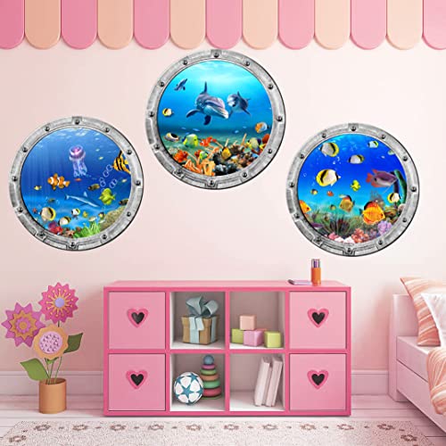 Ocean Animals World Under Sea Wall Stickers Decor Includ Sea Turtles Decor, Dolphins Fishes Jellyfish 4 Pcs Removable Peel And Stick Vinyl Stickers For Wall,Bedroom,Bathroom #TOP4