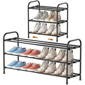 YUWHFEI Schuhregal Platzsparend, 3 Ebenen Shoe Rack Metall, Ausziehbar Schuhablage 45 to 80cm, Klein Schuhständer Schwarz, Schmales Schuh Regal für Outdoor, Flur, Garderobe, Eingangsbereich