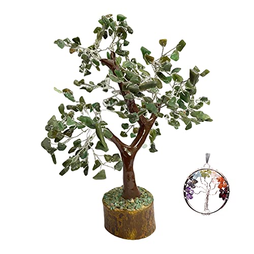 KACHVI Cristaux Guérison Pierres Sept Chakra Guérison Naturelle Gemme Bonsaï Fortune Argent Arbre (300 Perles) de 10-12 Pouces (Fil Argent, Vert Foncé) Cover