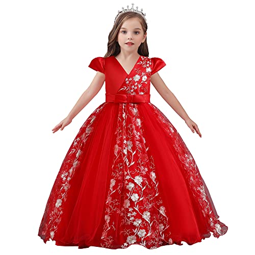 Robe longue brodée fille rouge idéale pour mariage et Noël