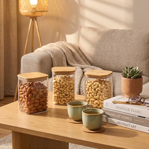 Image of Airtight Square Glass Storage Jar with Bamboo Lid, 950ml Multipurpose Kitchen Container for Coffee, Tea, Sugar, Masala, Spices & Dry Fruits | Modern Transparent Pantry Organizer (Pack of 1)