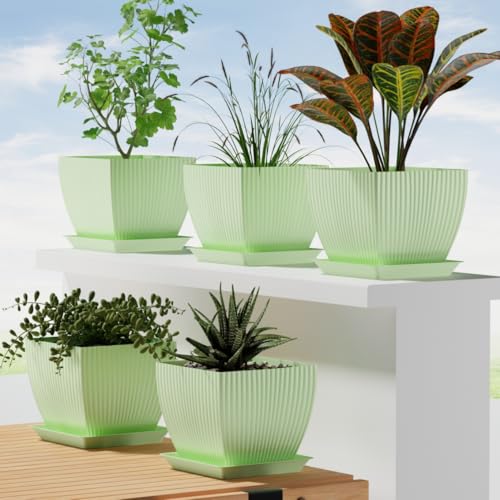 Image of HOMIFLY 5 Pack Plastic Square Flower Pots with Drainage & Bottom Tray /Lightweight, UV & Weather Resistant /6.5 Inch Planters for Indoor /Outdoor /Home /Balcony /Terrace /Garden Plant Pots (Green)