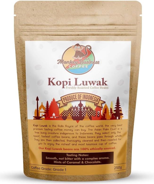 Monkey Business Coffee - Wild Kopi Luwak Coffee Ground Beans - Ethically Sourced - 250 Grams (Other Weights & Bean Types Available) - Produce of Indonesia