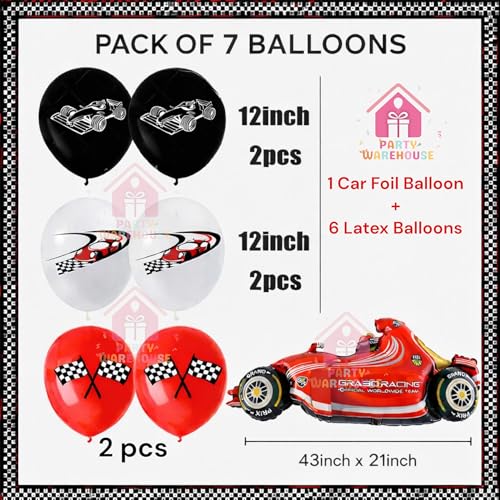 Image of Party Warehouse Racing Car Balloon Set for Birthday - 7 Pieces | Race Theme Foil Balloons for Race Lovers | Tyre & Checkered Flag Balloons for Kids /Adults Party Decorations | Red Car