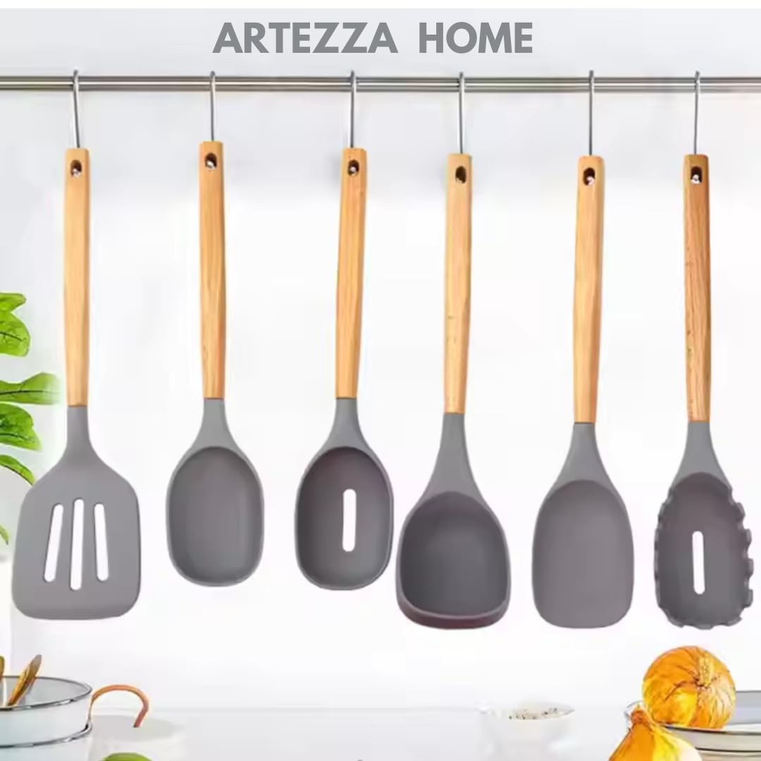 Premium Silikon Küchenhelfer Set - 7-teiliges Kochutensilien mit Akazienholzgriffen und Bambushalter, antihaftbeschichtet, hitzebeständig, BPA-frei, elegantes Küchengeschenk (Grau -7 Stück)