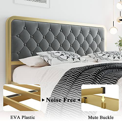 Ipormis Metal Full Size Bed Frame With Velvet Button Tufted Headboard, Curved Platform Bed With Heavy Duty Steel Slats, Safe Rounded Edges, 12'' Storage Space, Noise-Free, Easy Assembly, Yellow & Gery #TOP4