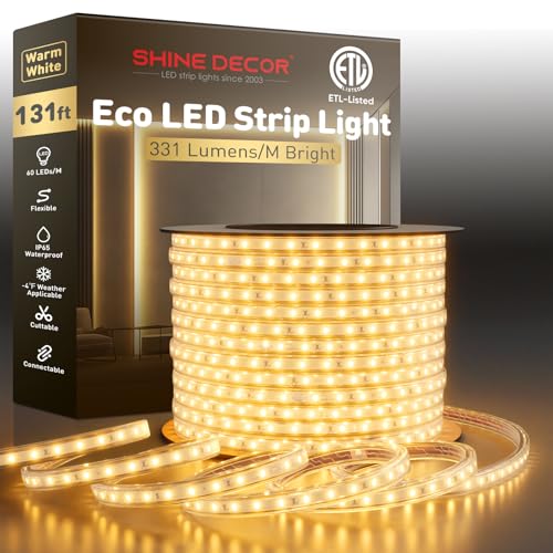 Image of Shine Decor LED Strip Light Easy Connectable, 2800K Warm White Cold Resist Weatherproof Plug-in for Indoor Outdoor, 101 LM /FT Dimmable Bright Eco Rope Lighting 131FT, 120V Whole Set ETL Listed