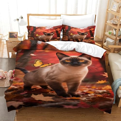 Gato balinés Juego De Funda Nórdica, Juego De Funda De Edredón Y Funda De Almohada, Algodón, Varios Tamaños, Juego De Cama Respetuoso con La Piel Single（140x200cm）